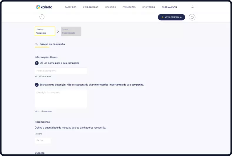 Tela de criação de campanhas de engajamento